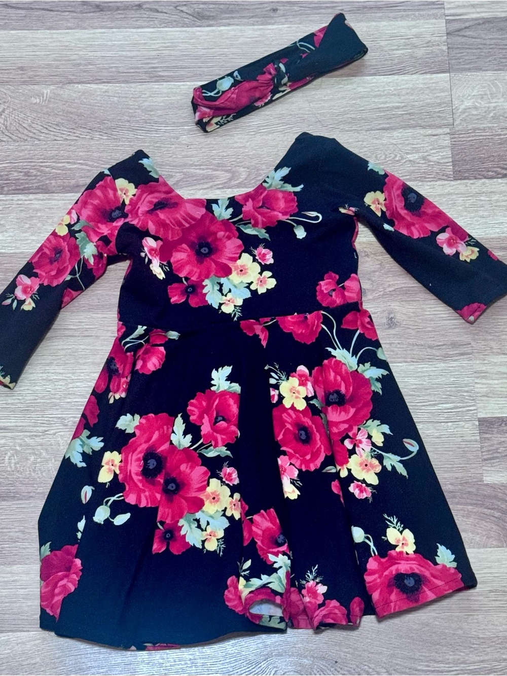 Girls Black Floral Fit-and-Flare Dress with Matching Headband, Est Size 2T